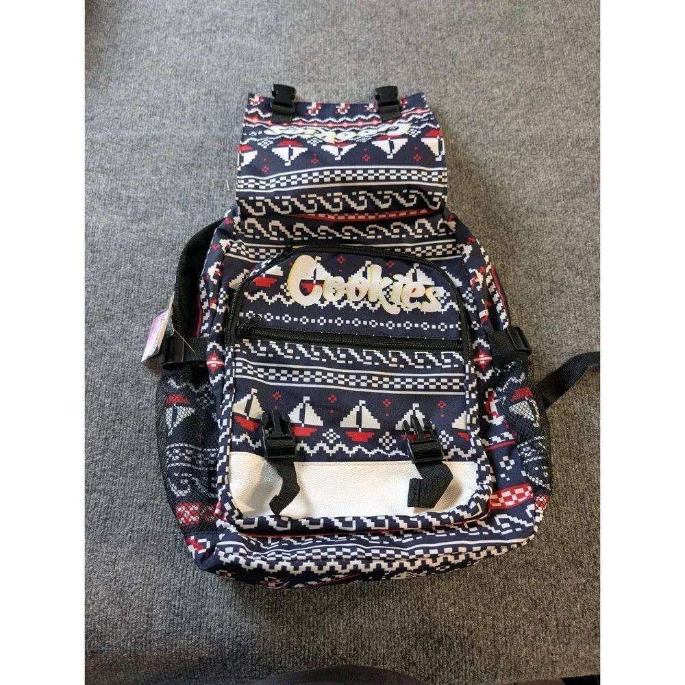 Cookies Backpack Fair Isle Sailboat Pattern Navy Red White NWT Netted Pockets